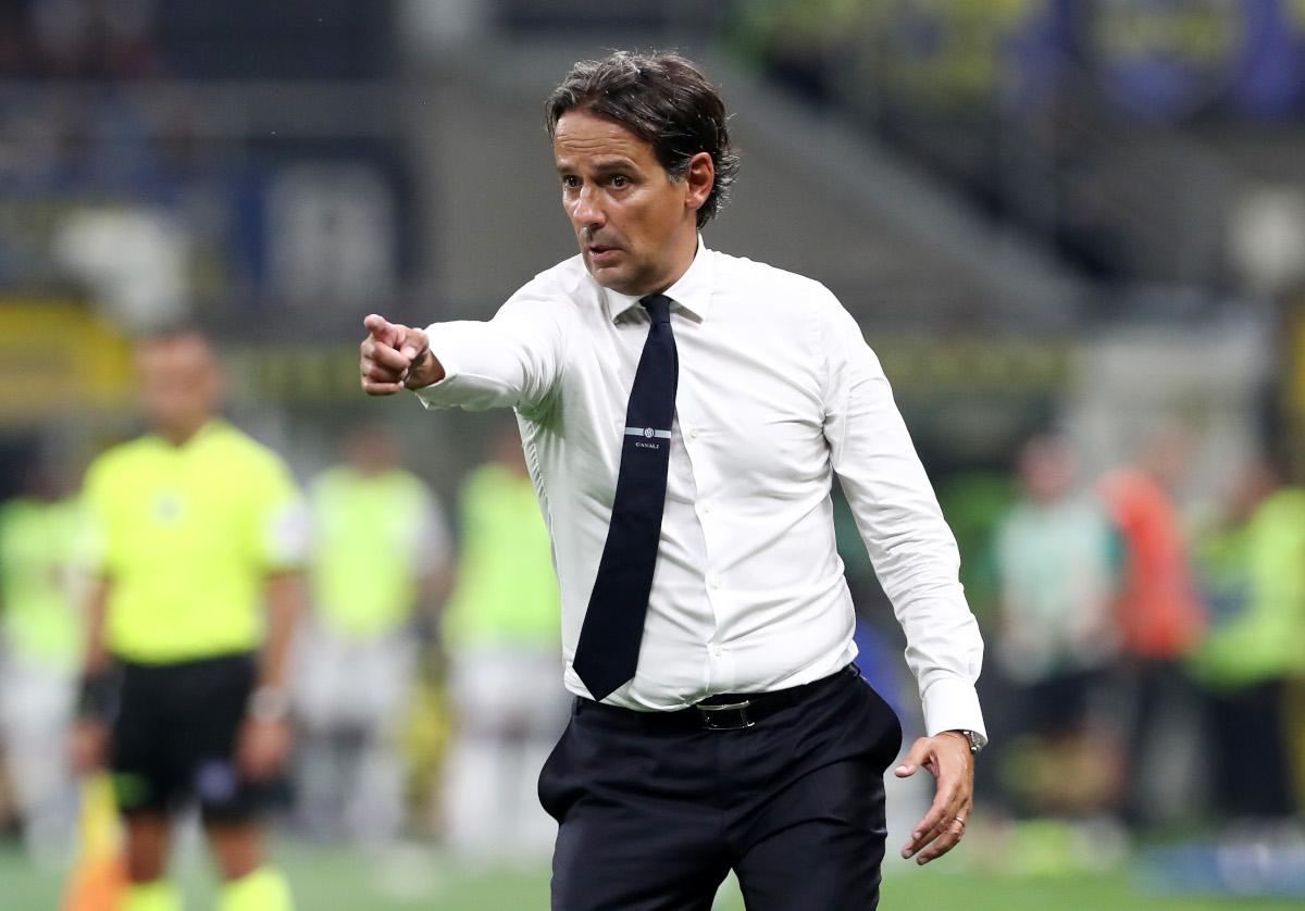 MILAN, ITALY - AUGUST 30: Simone Inzaghi, Head Coach of FC Internazionale, reacts during the Serie A match between FC Internazionale and Atalanta at Stadio Giuseppe Meazza on August 30, 2024 in Milan, Italy. (Photo by Marco Luzzani/Getty Images)