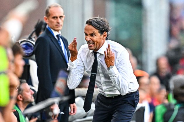 Simone Inzaghi, head coach of Inter, reacts during the Serie A match between Genoa and Inter at Stadio Luigi Ferraris on August 17, 2024 in Genoa, Italy. (Photo by Simone Arveda/Getty Images)