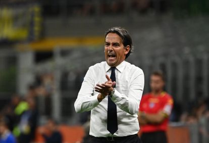 Inter Milan's Italian head coach Simone Inzaghi reacts during the Italian Serie A football match Inter Milan and Lecce at San Siro Stadium in Milan, on August 24, 2024. (Photo by Isabella BONOTTO / AFP) (Photo by ISABELLA BONOTTO/AFP via Getty Images)