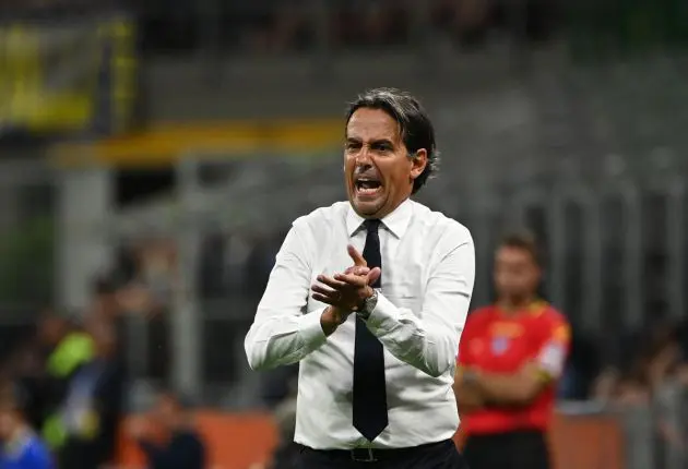 Inter Milan's Italian head coach Simone Inzaghi reacts during the Italian Serie A football match Inter Milan and Lecce at San Siro Stadium in Milan, on August 24, 2024. (Photo by Isabella BONOTTO / AFP) (Photo by ISABELLA BONOTTO/AFP via Getty Images)