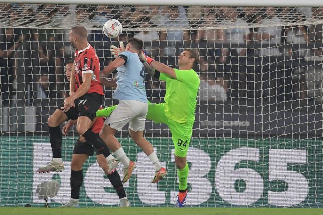 ROME, ITALY - AUGUST 31: Strahinja Pavlovic of AC MIlan scores the opening goal during the Serie A match between SS Lazio and AC Milan at Stadio Olimpico on August 31, 2024 in Rome, Italy. (Photo by Marco Rosi - SS Lazio/Getty Images)