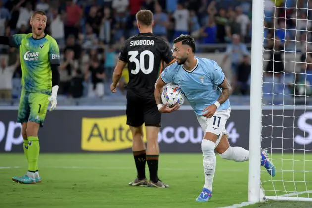 ROME, ITALY - AUGUST 18: Valentin Castellanos of SS Lazio celebrates the first goal during the Serie A match between Lazio and Venezia at Stadio Olimpico on August 18, 2024 in Rome, Italy. (Photo by Marco Rosi - SS Lazio/Getty Images)