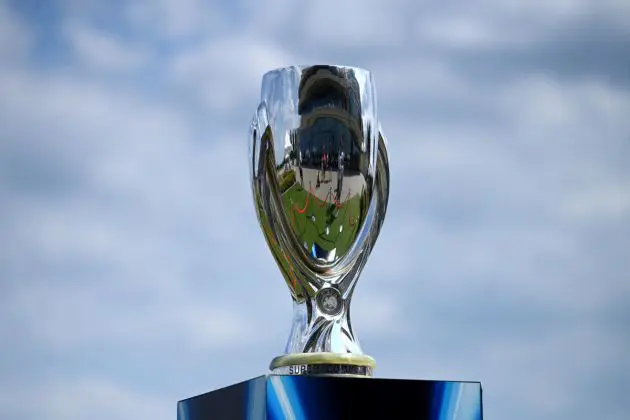 The 2024 UEFA Super Cup trophy is displayed at the Sluzewiec hippodrome in Warsaw on July 27, 2024. The 2024 UEFA Super Cup final football match between Real Madrid and Atalanta will be held on August 14, 2024 at the National Stadium in Warsaw. (Photo by Sergei GAPON / AFP) (Photo by SERGEI GAPON/AFP via Getty Images)