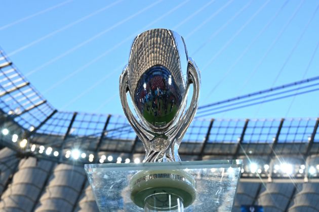 The UEFA Super Cup trophy is displayed at the National Stadium on the eve of the UEFA Super Cup football match Real Madrid v Atalanta Bergamo in Warsaw on August 13, 2024. The 2024 UEFA Super Cup final football match between Real Madrid and Atalanta will be held on August 14, 2024 at the National Stadium in Warsaw. (Photo by Sergei GAPON / AFP) (Photo by SERGEI GAPON/AFP via Getty Images)