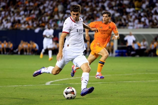 CHICAGO, ILLINOIS - JULY 31: Christian Pulisic of AC Milan drives the ball during a Pre-Season Friendly match between AC Milan and Real Madrid at Soldier Field Stadium on July 31, 2024 in Chicago, Illinois. (Photo by Justin Casterline/Getty Images)