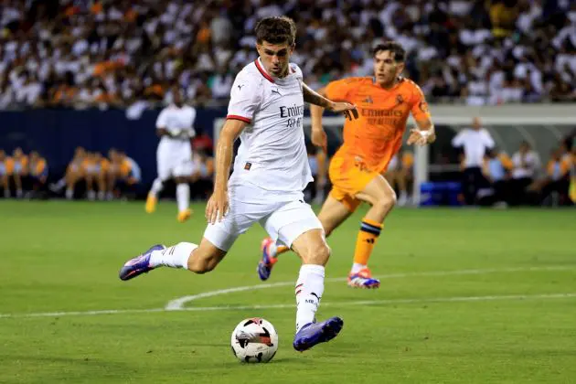 CHICAGO, ILLINOIS - JULY 31: Christian Pulisic of AC Milan drives the ball during a Pre-Season Friendly match between AC Milan and Real Madrid at Soldier Field Stadium on July 31, 2024 in Chicago, Illinois. (Photo by Justin Casterline/Getty Images)