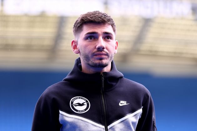 BRIGHTON, ENGLAND - MAY 05: Billy Gilmour of Brighton & Hove Albion inspects the pitch prior to the Premier League match between Brighton & Hove Albion and Aston Villa at American Express Community Stadium on May 05, 2024 in Brighton, England. (Photo by Bryn Lennon/Getty Images) (Napoli target)