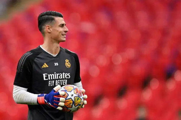 Real Madrid's Spanish goalkeeper #25 Kepa Arrizabalaga takes part in a training session at Wembley stadium, in London, on May 31, 2024 on the eve of their UEFA Champions League final football match against Borussia Dortmund. (Photo by INA FASSBENDER / AFP) (Photo by INA FASSBENDER/AFP via Getty Images)