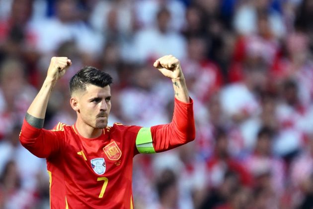 Milan Spain's forward #07 Alvaro Morata celebrates after scoring the opening goal during the UEFA Euro 2024 Group B football match between Spain and Croatia at the Olympiastadion in Berlin on June 15, 2024. (Photo by Christophe SIMON / AFP) (Photo by CHRISTOPHE SIMON/AFP via Getty Images)