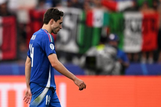 Italy's forward #14 Federico Chiesa reacts at the end of the UEFA Euro 2024 round of 16 football match between Switzerland and Italy at the Olympiastadion Berlin in Berlin on June 29, 2024. (Photo by Kirill KUDRYAVTSEV / AFP) (Photo by KIRILL KUDRYAVTSEV/AFP via Getty Images)