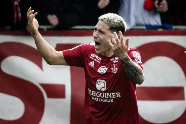 Brest's Uruguayan Italian forward #07 Martin Satriano reacts after scoring his team's first goal during the French L1 football match between Stade Brestois 29 (Brest) and Lille OSC at Stade Francis-Le Ble in Brest, western France, on March 17, 2024. (Photo by LOIC VENANCE / AFP) (Photo by LOIC VENANCE/AFP via Getty Images)