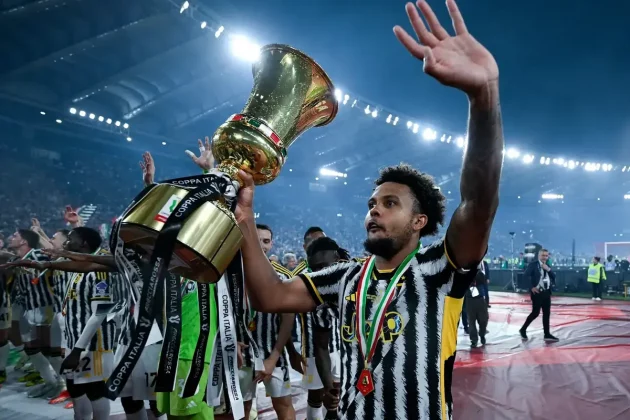 Juventus midfielder Weston McKennie with Coppa Italia trophy after 1-0 final victory over Atalanta.