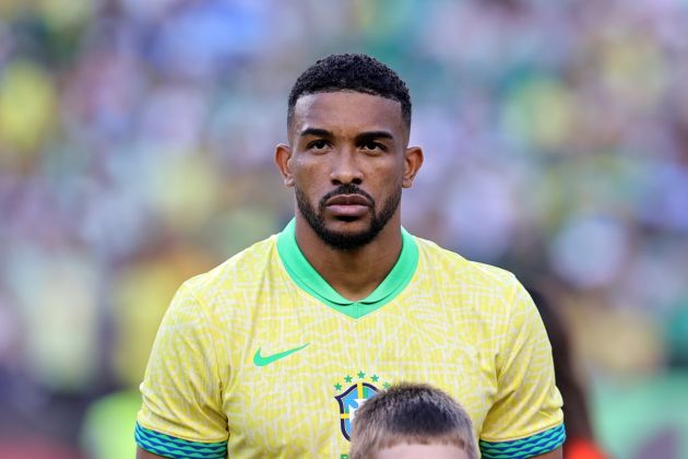 COLLEGE STATION, TEXAS - JUNE 8: Gleison Bremer Nascimento #25 of Brazil stands for his national anthem before to the international friendly match between Mexico and Brazil at Kyle Field on June 8, 2024 in College Station, Texas. (Photo by Omar Vega/Getty Images)