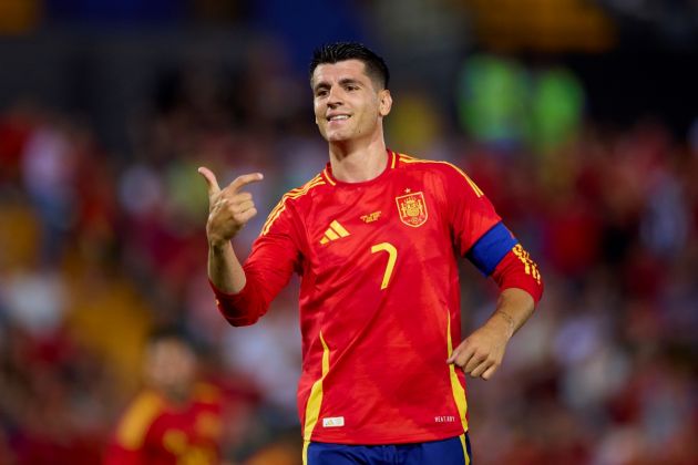 BADAJOZ, SPAIN - JUNE 05: Alvaro Morata of Spain celebrates after scoring the teams second goal wich was later disalowed by offside during an International Friendly Match between Spain and Andorra at Nuevo Vivero on June 05, 2024 in Badajoz, Spain. (Photo by Fran Santiago/Getty Images)