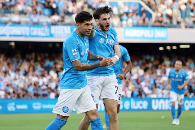 NAPLES, ITALY - APRIL 28: Mathias Olivera of SSC Napoli celebrates his side first goal during the Serie A TIM match between SSC Napoli and AS Roma - Serie A TIM at Stadio Diego Armando Maradona on April 28, 2024 in Naples, Italy. (Photo by Francesco Pecoraro/Getty Images) (Photo by Francesco Pecoraro/Getty Images)