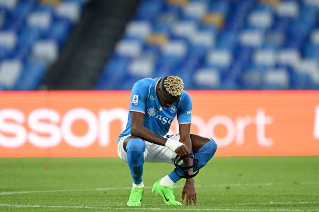 NAPLES, ITALY - APRIL 28: Victor Osimhen of SSC Napoli shows his disappointment after the Serie A TIM match between SSC Napoli and AS Roma - Serie A TIM at Stadio Diego Armando Maradona on April 28, 2024 in Naples, Italy. (Photo by Francesco Pecoraro/Getty Images)