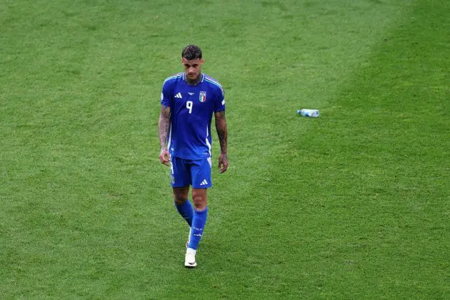 BERLIN, GERMANY - JUNE 29: Gianluca Scamacca of Italy, looks dejected after the team's elimination from the tournament following the UEFA EURO 2024 round of 16 match between Switzerland and Italy at Olympiastadion on June 29, 2024 in Berlin, Germany. (Photo by Lars Baron/Getty Images)