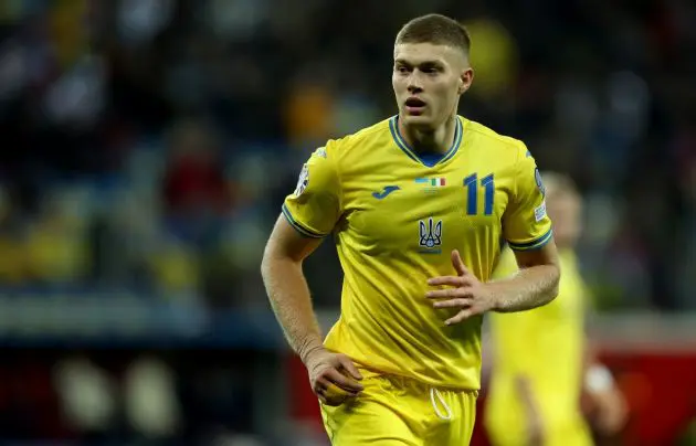 LEVERKUSEN, GERMANY - NOVEMBER 20: Artem Dovbyk of Ukraine gestures during the UEFA EURO 2024 European qualifier match between Ukraine and Italy at BayArena on November 20, 2023 in Leverkusen, Germany. (Photo by Lars Baron/Getty Images)