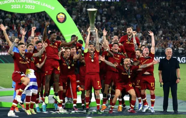 Lorenzo Pellegrini (C) of Roma lifts the trophy as his teammates celebrate after winning the UEFA Europa Conference League final between AS Roma and Feyenoord Rotterdam at National Arena in Tirana, Albania, 25 May 2022. EPA-EFE/Malton Dibra Roma owners, the Friedkin Group, have announced their agreement to purchase a controlling stake in Premier League side, Everton. (EPA-EFE/Malton Dibra)