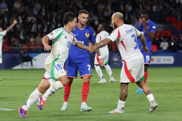 Giacomo Raspadori (L) of Italy celebrates after scoring the 1-3 goal during the UEFA Nations League group B soccer match between France and Italy in Paris, France, 06 September 2024. EPA-EFE/MOHAMMED BADRA