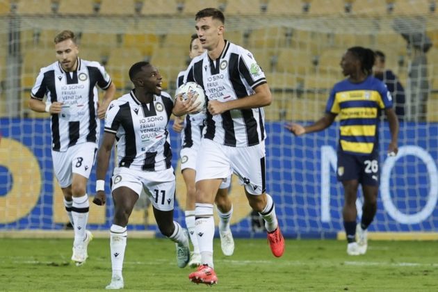 Udinese's Lorenzo Lucca (C) celebrates a goal during the Italian Serie A soccer match Parma Calcio vs Udinese Calcio at Ennio Tardini stadium in Parma, Italy, 16 September 2024. EPA-EFE/SERENA CAMPANINI