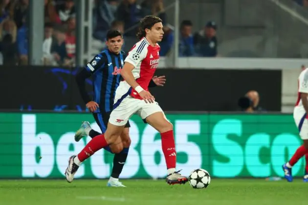 Arsenal's Riccardo Calafiori in action during the UEFA Champions League soccer match between Atalanta BC and Arsenal FC at the Bergamo Stadium in Bergamo, Italy, 19 September 2024. EPA-EFE/MICHELE MARAVIGLIA