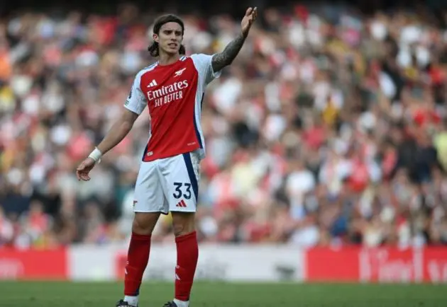 Arsenal’s Riccardo Calafiori reacts during the English Premier League soccer match between Arsenal FC and Leicester FC, in London, Britain, 28 September 2024. EPA-EFE/DANIEL HAMBURY EDITORIAL USE ONLY. No use with unauthorized audio, video, data, fixture lists, club/league logos, 'live' services or NFTs. Online in-match use limited to 120 images, no video emulation. No use in betting, games or single club/league/player publications.