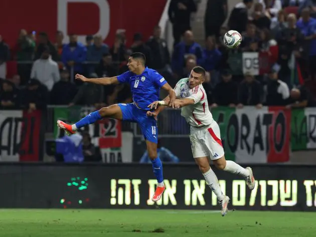 BUDAPEST, HUNGARY - SEPTEMBER 09: Alessandro Buongiorno of Italy competes for the ball with Anan Khalaili of Israel during the UEFA Nations League 2024/25 League A Group A2 match between Israel and Italy at Bozsik Stadion on September 09, 2024 in Budapest, Hungary. (Photo by Claudio Villa/Getty Images)