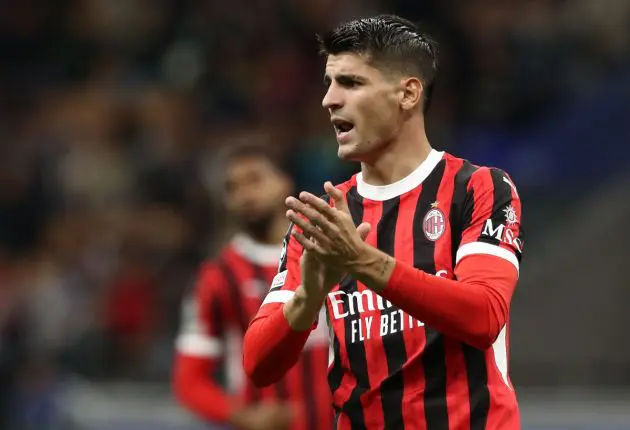 MILAN, ITALY - SEPTEMBER 17: Alvaro Morata of AC Milan reacts during the UEFA Champions League 2024/25 League Phase MD1 match between AC Milan and Liverpool FC at Stadio San Siro on September 17, 2024 in Milan, Italy. (Photo by Marco Luzzani/Getty Images)