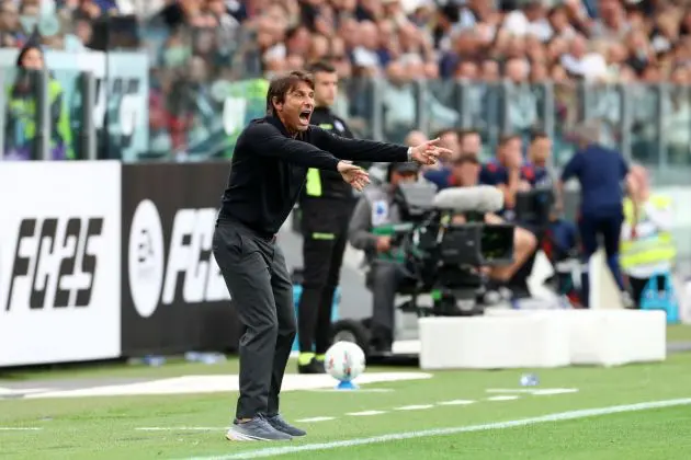 TURIN, ITALY - SEPTEMBER 21: Antonio Conte, Head Coach of Napoli, reacts during the Serie A match between Juventus and Napoli at Allianz Stadium on September 21, 2024 in Turin, Italy. (Photo by Marco Luzzani/Getty Images)