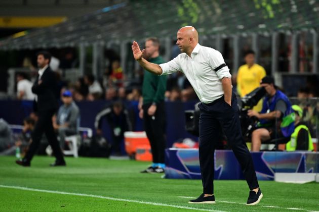 Liverpool's Dutch coach Arne Slot gestures during the UEFA Champions League 1st round day 1 football match between AC Milan and Liverpool FC at the San Siro stadium in Milan on September 17, 2024. (Photo by PIERO CRUCIATTI / AFP) (Photo by PIERO CRUCIATTI/AFP via Getty Images)