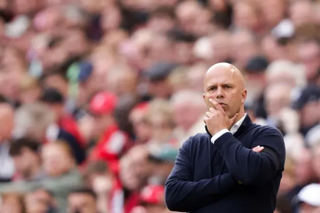 Liverpool's Dutch manager Arne Slot reacts during the English Premier League football match between Liverpool and Nottingham Forest at Anfield in Liverpool, north west England on September 14, 2024. (Photo by Ian Hodgson / AFP) / RESTRICTED TO EDITORIAL USE. No use with unauthorized audio, video, data, fixture lists, club/league logos or 'live' services. Online in-match use limited to 120 images. An additional 40 images may be used in extra time. No video emulation. Social media in-match use limited to 120 images. An additional 40 images may be used in extra time. No use in betting publications, games or single club/league/player publications. / (Photo by IAN HODGSON/AFP via Getty Images)