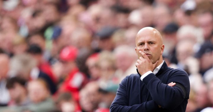 Liverpool's Dutch manager Arne Slot reacts during the English Premier League football match between Liverpool and Nottingham Forest at Anfield in Liverpool, north west England on September 14, 2024. (Photo by Ian Hodgson / AFP) / RESTRICTED TO EDITORIAL USE. No use with unauthorized audio, video, data, fixture lists, club/league logos or 'live' services. Online in-match use limited to 120 images. An additional 40 images may be used in extra time. No video emulation. Social media in-match use limited to 120 images. An additional 40 images may be used in extra time. No use in betting publications, games or single club/league/player publications. / (Photo by IAN HODGSON/AFP via Getty Images)