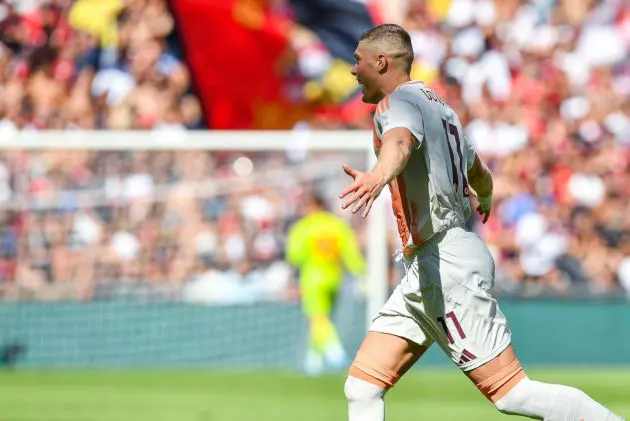 epa11605485 Romas Ukrainian forward Artem Dovbyk celebrates after scoring the 0-1 goal during the Italian Serie A soccer match between Genoa CFC and AS Roma at Luigi Ferraris stadium in Genoa, Italy, 15 September 2024. EPA-EFE/SIMONE ARVEDA