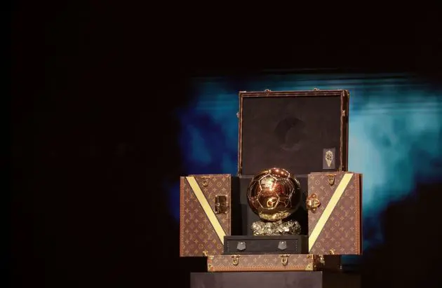 TOPSHOT - This photograph taken on October 30, 2023, shows the Ballon d'Or award displayed during the 2023 Ballon d'Or France Football award ceremony at the Theatre du Chatelet in Paris. (Photo by FRANCK FIFE / AFP) (Photo by FRANCK FIFE/AFP via Getty Images)