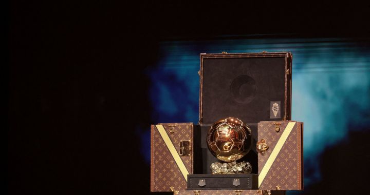 TOPSHOT - This photograph taken on October 30, 2023, shows the Ballon d'Or award displayed during the 2023 Ballon d'Or France Football award ceremony at the Theatre du Chatelet in Paris. (Photo by FRANCK FIFE / AFP) (Photo by FRANCK FIFE/AFP via Getty Images)