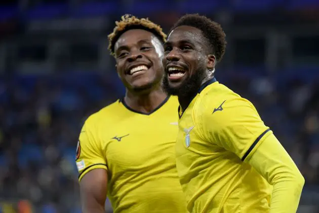 HAMBURG, GERMANY - SEPTEMBER 25: Boulaye Dia of SS Lazio celebrates a third goal with his team mates during the UEFA Europa League 2024/25 League Phase MD1 match between FC Dynamo Kyiv and S.S. Lazio at Volksparkstadion on September 25, 2024 in Hamburg, Germany. (Photo by Marco Rosi - SS Lazio/Getty Images)