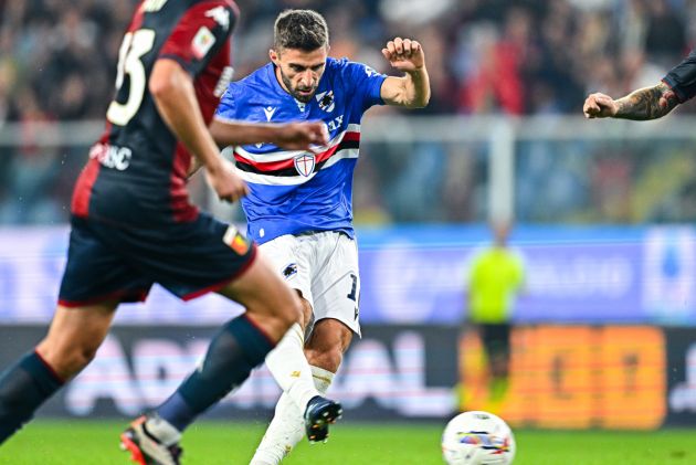 GENOA, ITALY - SEPTEMBER 25: Fabio Borini of Sampdoria scores a goal during the Coppa Italia match between Genoa CFC and UC Sampdoria at Luigi Ferraris Stadium on September 25, 2024 in Genoa, Italy. (Photo by Simone Arveda/Getty Images)