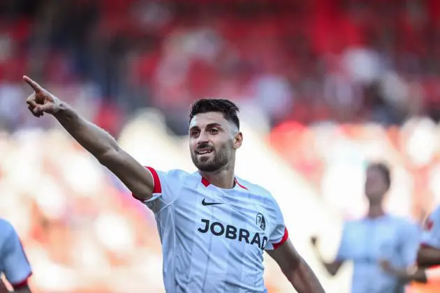 Italy striker Vincenzo Grifo of SC Freiburg celebrates after scoring twice in a 3-0 win over Heidenheim in the Bundesliga (Picture: @scfreiburg via X)