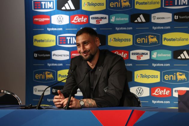 PARIS, FRANCE - SEPTEMBER 05: Gianluigi Donnarumma of Italy speaks with the media during the Press conference at Parc des Princes stadium on September 05, 2024 in Paris, France. (Photo by Claudio Villa/Getty Images)