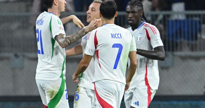 Italy's midfielder #16 Davide Frattesi (2nd L) celebrates scoring the opening goal with his teammates during the UEFA Nations League, League A, Group A2 football match Israel vs Italy at the Bozsik Arena in Budapest, Hungary, on September 9, 2024. (Photo by Attila KISBENEDEK / AFP) (Photo by ATTILA KISBENEDEK/AFP via Getty Images)