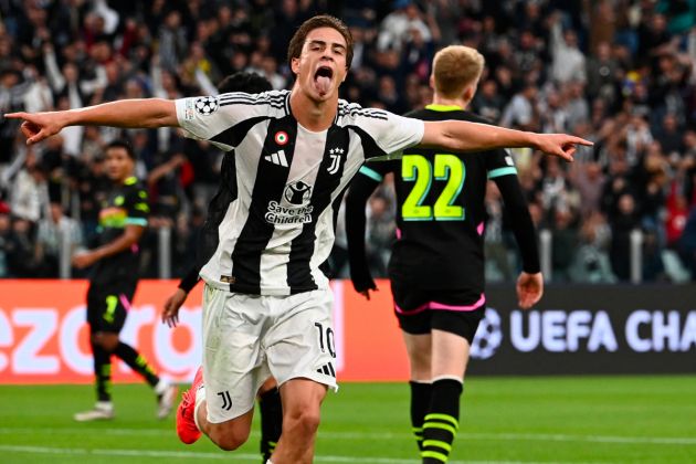 Juventus' Turkish forward #10 Kenan Yildiz (C) celebrates scoring his team's first goal during the UEFA Champions League 1st round day 1 football match between Juventus FC and PSV Eindhoven, at the Juventus Stadium in Turin on September 17, 2024. (Photo by Isabella BONOTTO / AFP) (Photo by ISABELLA BONOTTO/AFP via Getty Images)