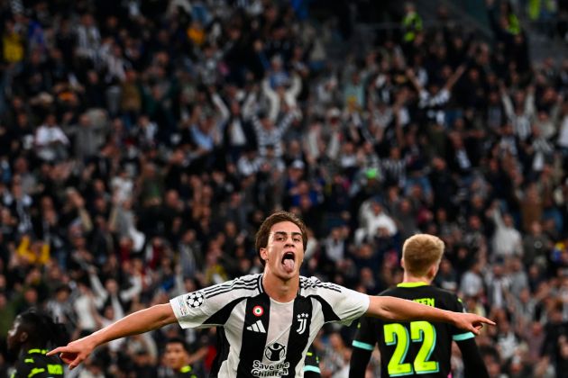 Juventus' Turkish forward #10 Kenan Yildiz (C) celebrates scoring his team's first goal during the UEFA Champions League 1st round day 1 football match between Juventus FC and PSV Eindhoven, at the Juventus Stadium in Turin on September 17, 2024. (Photo by Isabella BONOTTO / AFP) (Photo by ISABELLA BONOTTO/AFP via Getty Images)