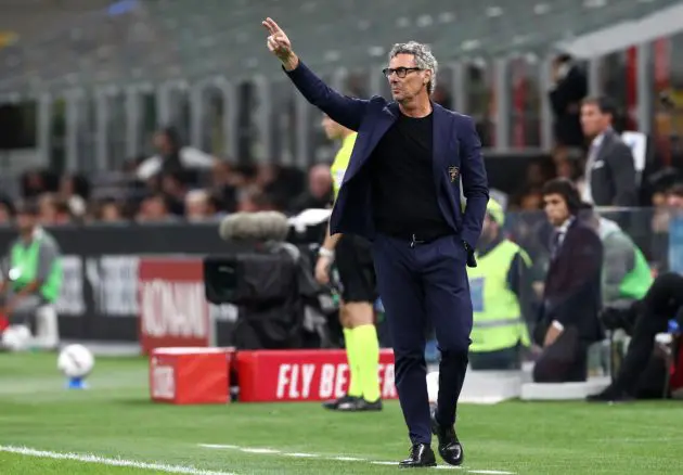 MILAN, ITALY - SEPTEMBER 27: Luca Gotti, Head Coach of US Lecce, gesture during the Serie A match between AC Milan and Lecce at Stadio Giuseppe Meazza on September 27, 2024 in Milan, Italy. (Photo by Marco Luzzani/Getty Images)