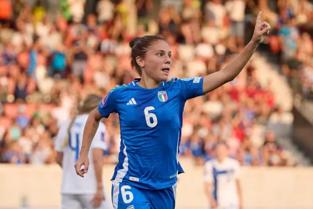 Ballon d'Or nominee BOLZANO, ITALY - JULY 16: Manuela Giugliano of Italy celebrates after scoring her team's second goal during the Women's EURO 2025 European Qualifiers match between Italy and Finland at Stadio Druso on July 16, 2024 in Bolzano, Italy. (Photo by Emmanuele Ciancaglini/Getty Images)