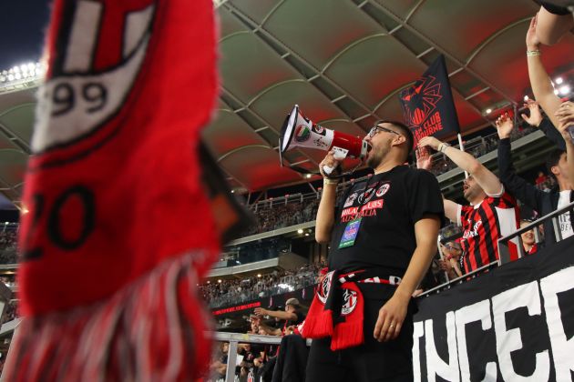 PERTH, AUSTRALIA - MAY 31: AC Milan fan shows his support during the friendly between AC Milan and AS Roma at Optus Stadium on May 31, 2024 in Perth, Australia. (Photo by James Worsfold/Getty Images)