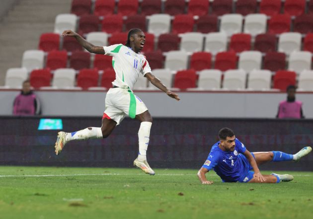 BUDAPEST, HUNGARY - SEPTEMBER 09: Moise Kean of Italy reacts during the UEFA Nations League 2024/25 League A Group A2 match between Israel and Italy at Bozsik Stadion on September 09, 2024 in Budapest, Hungary. (Photo by Claudio Villa/Getty Images)