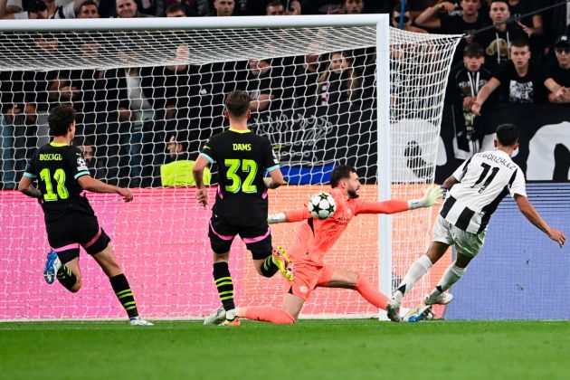 Nico Gonzalez Juventus' Argentine forward #11 Nicolas Gonzalez (R) scores his team's third goal during the UEFA Champions League 1st round day 1 football match between Juventus FC and PSV Eindhoven, at the Juventus Stadium in Turin on September 17, 2024. (Photo by Isabella BONOTTO / AFP) (Photo by ISABELLA BONOTTO/AFP via Getty Images)