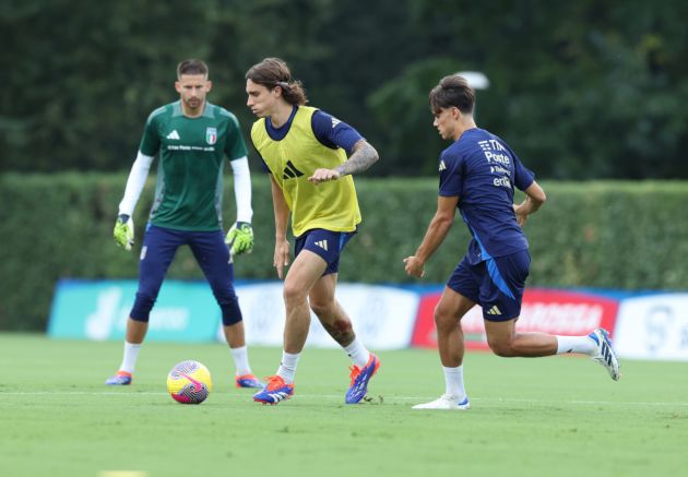 FLORENCE, ITALY - SEPTEMBER 02: Riccardo Calafiori of Italy in action during a Italy training session at Centro Tecnico Federale di Coverciano on September 02, 2024 in Florence, Italy. (Photo by Claudio Villa/Getty Images)