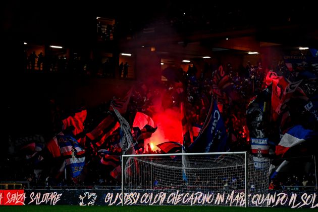 GENOA, ITALY - SEPTEMBER 25: Sampdoria fans light a smoke-bomb prior to kick-off in the Coppa Italia match between Genoa CFC and UC Sampdoria at Luigi Ferraris Stadium on September 25, 2024 in Genoa, Italy. (Photo by Simone Arveda/Getty Images) - Stadium ban for Serie A clash against Juventus